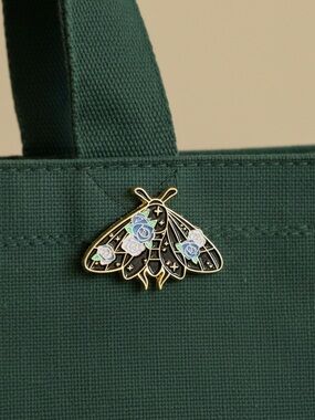 Floral Moth Enamel Pin Black Gold Rose Insect Nature Brooch Lapel Pin